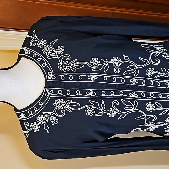 Vintage Karen Stevens Dress 14 black white embroidery long - Picture 2 of 8